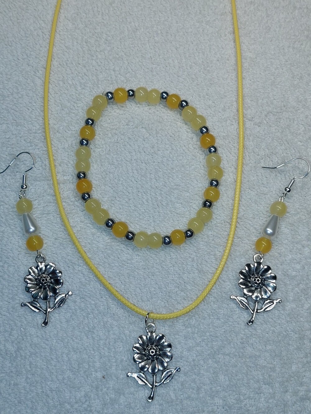 Yellow Flower Pendant Necklace, Bracelet & Earring Set Leather Cord